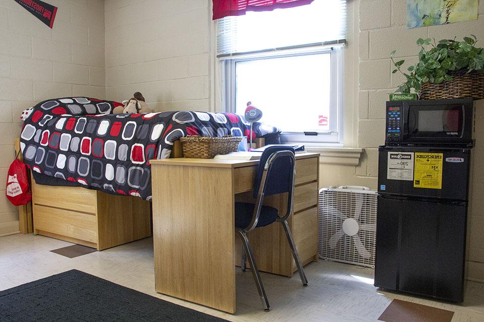 Student bed, desk and micro fridge arrangement